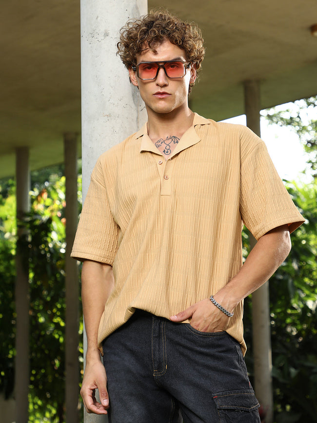 Men Buff Beige Bubble Cuban Polo T-Shirt