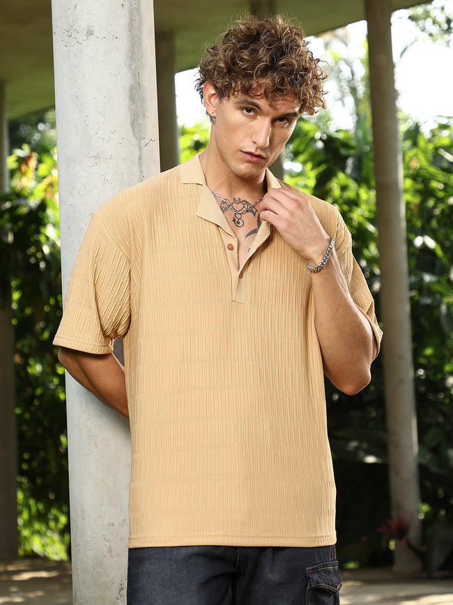 Men Buff Beige Bubble Cuban Polo T-Shirt