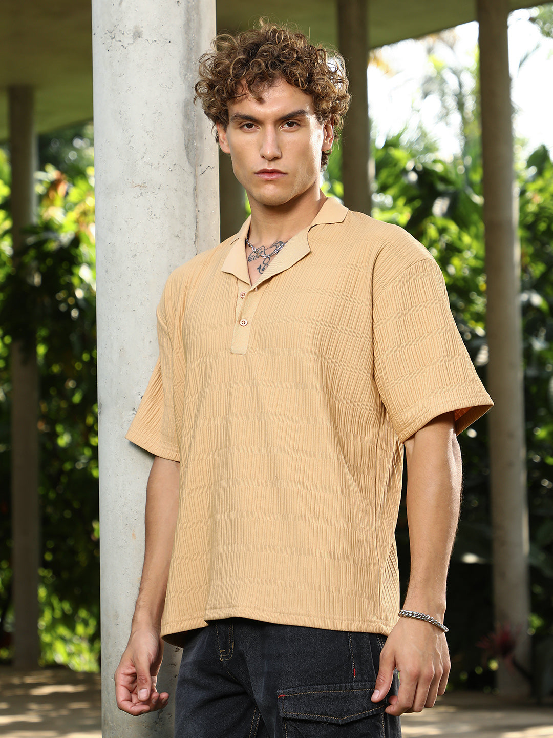 Men Buff Beige Bubble Cuban Polo T-Shirt