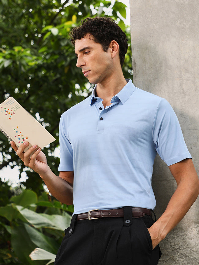 Men Misty Blue Seamless Gradient-Texture Polo T-Shirt