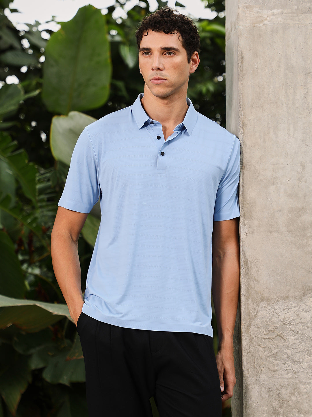 Men Misty Blue Seamless Gradient-Texture Polo T-Shirt