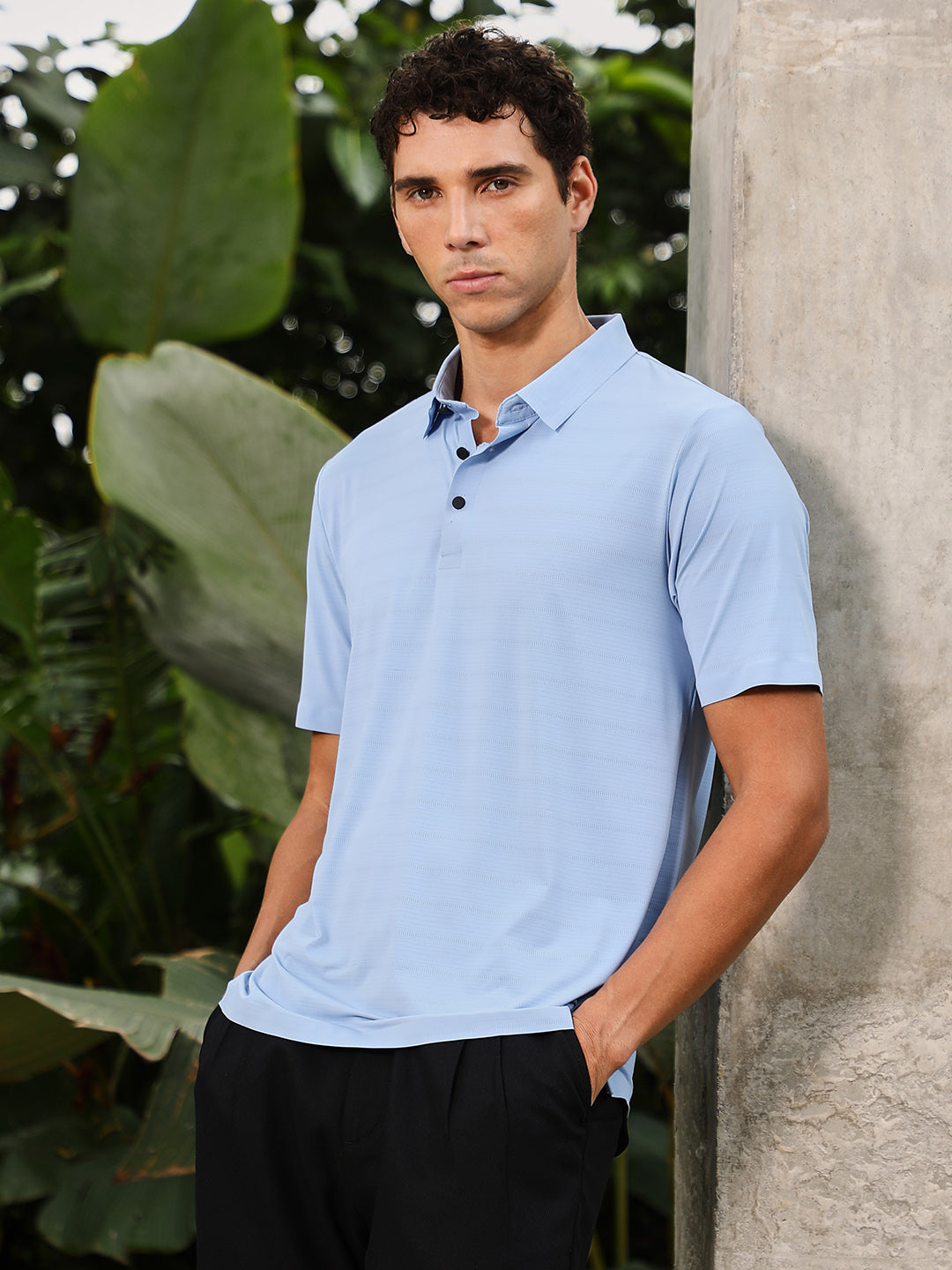 Men Misty Blue Seamless Gradient-Texture Polo T-Shirt