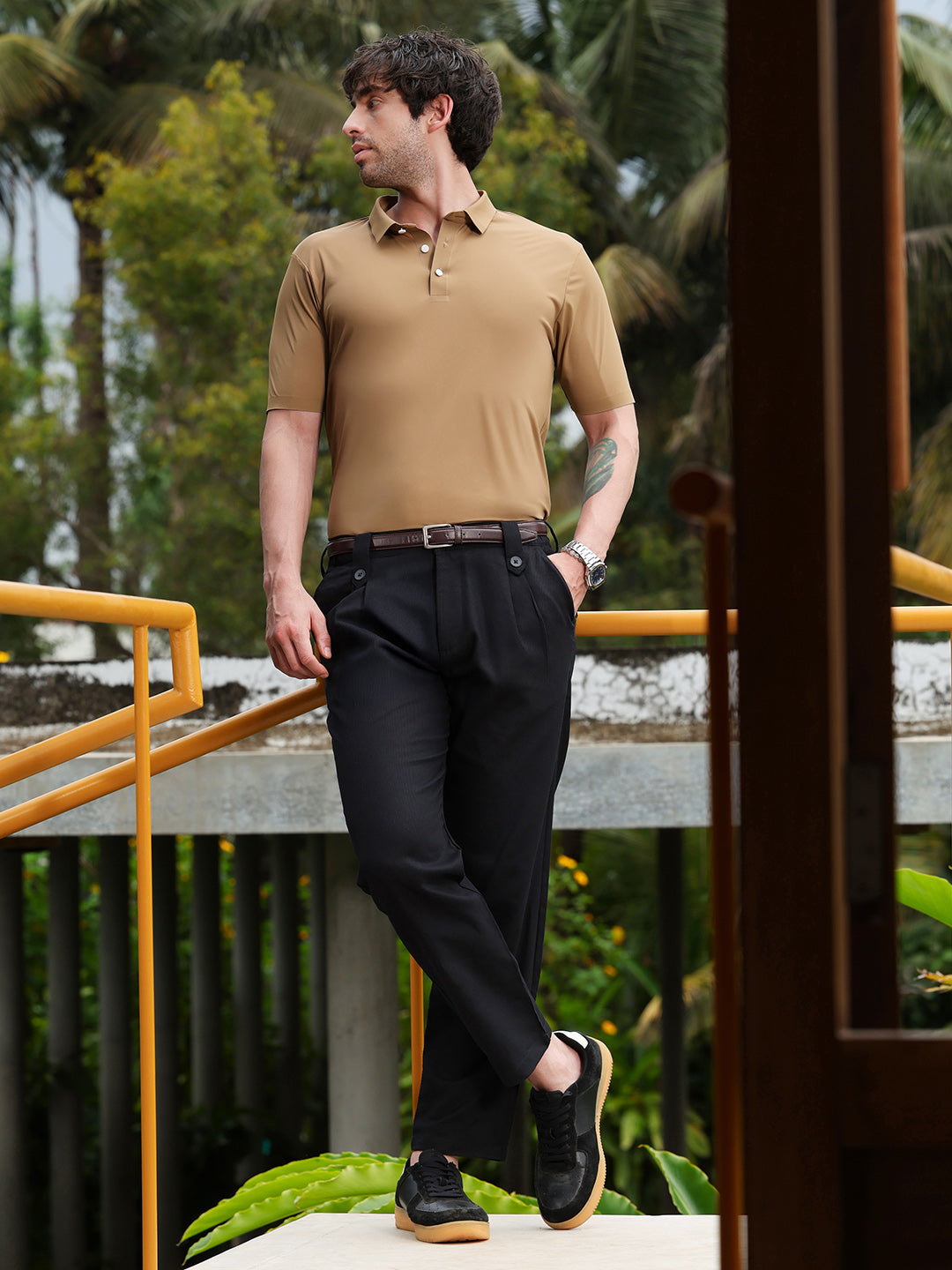 Men Camel Beige Seamless Solid Polo T-Shirt