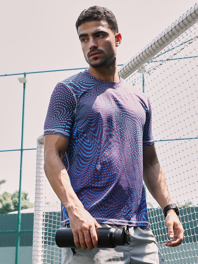 Men Indigo Blue Polka-Swirl Activewear T-Shirt
