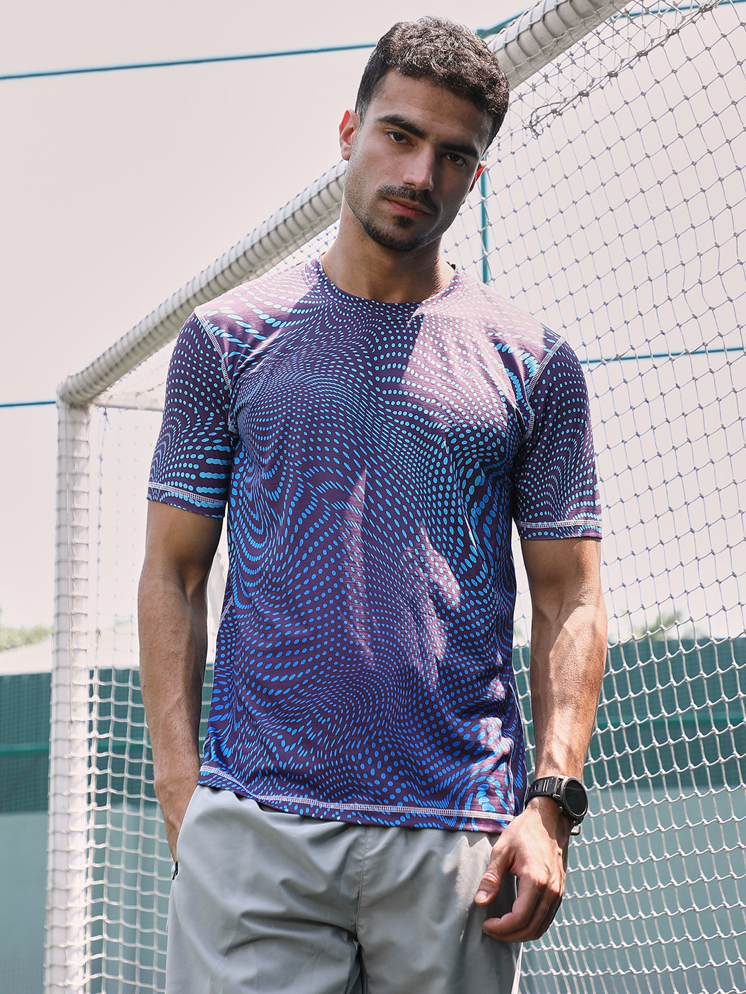 Men Indigo Blue Polka-Swirl Activewear T-Shirt