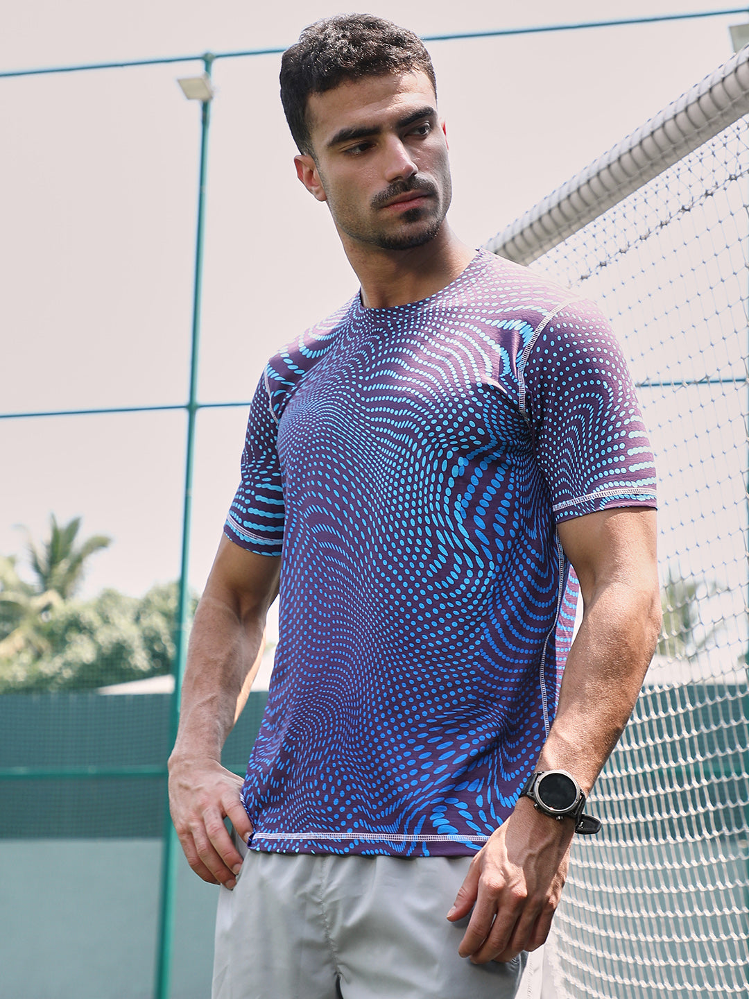 Men Indigo Blue Polka-Swirl Activewear T-Shirt