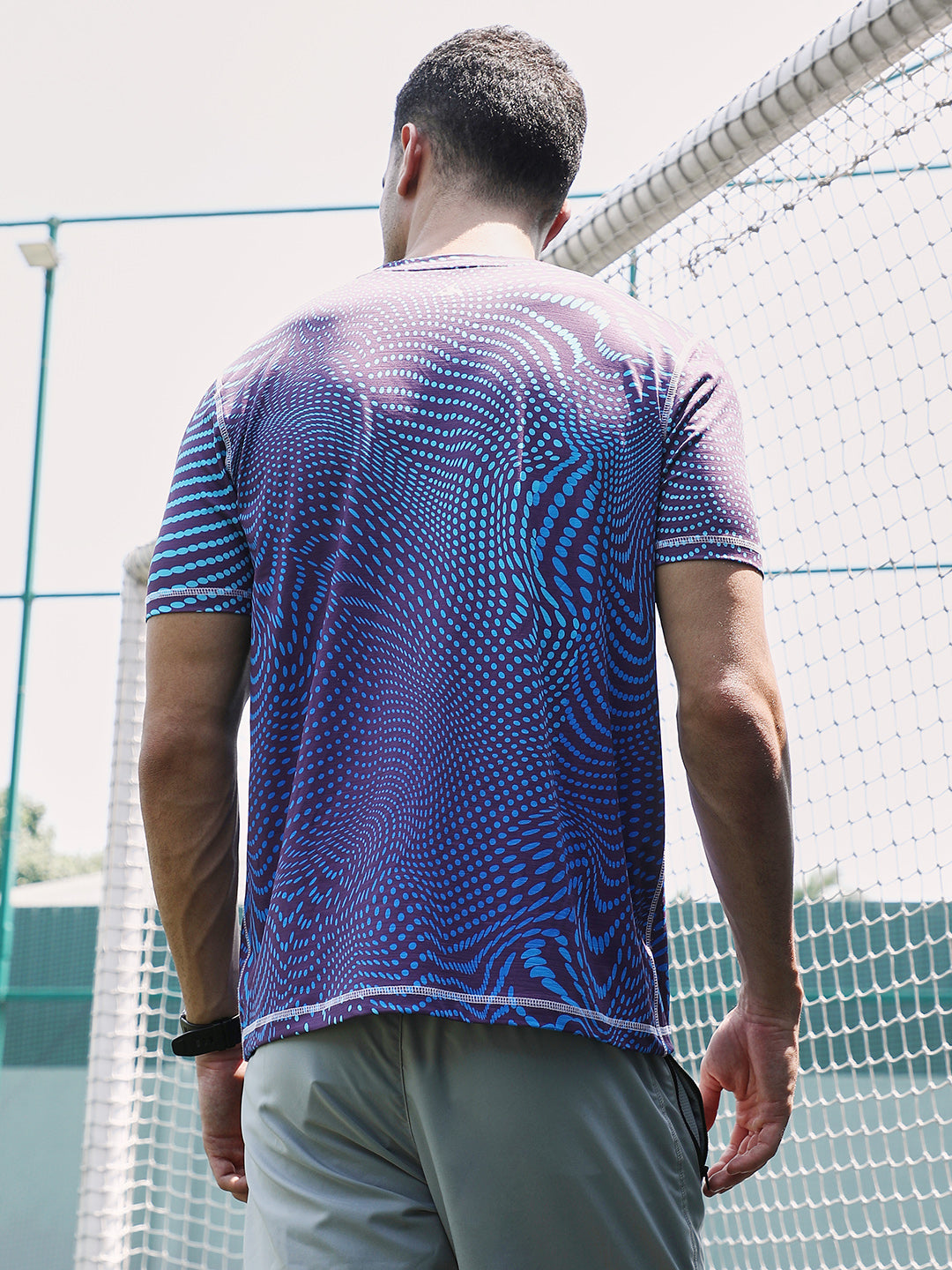 Men Indigo Blue Polka-Swirl Activewear T-Shirt