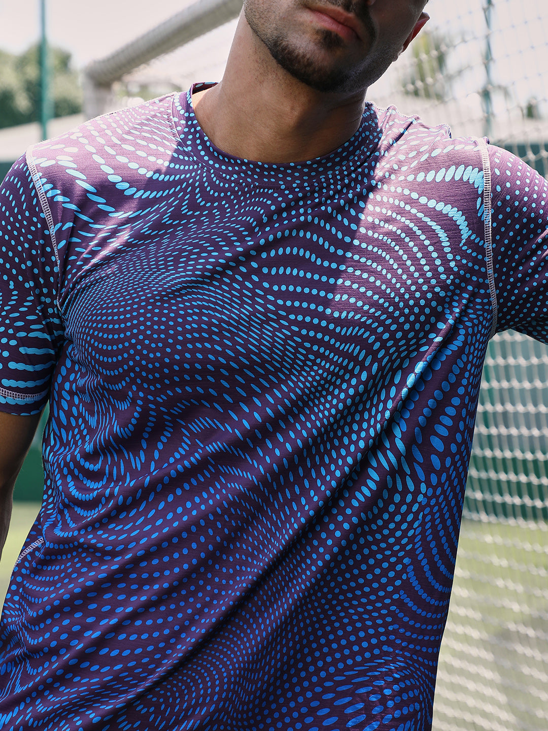 Men Indigo Blue Polka-Swirl Activewear T-Shirt