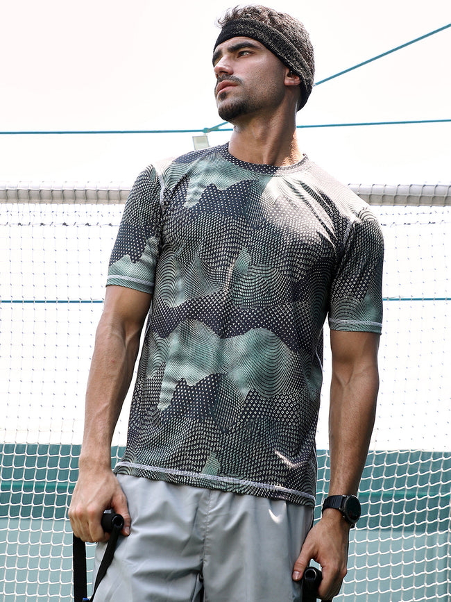 Men Moon Grey Abstract-Motif Activewear T-Shirt