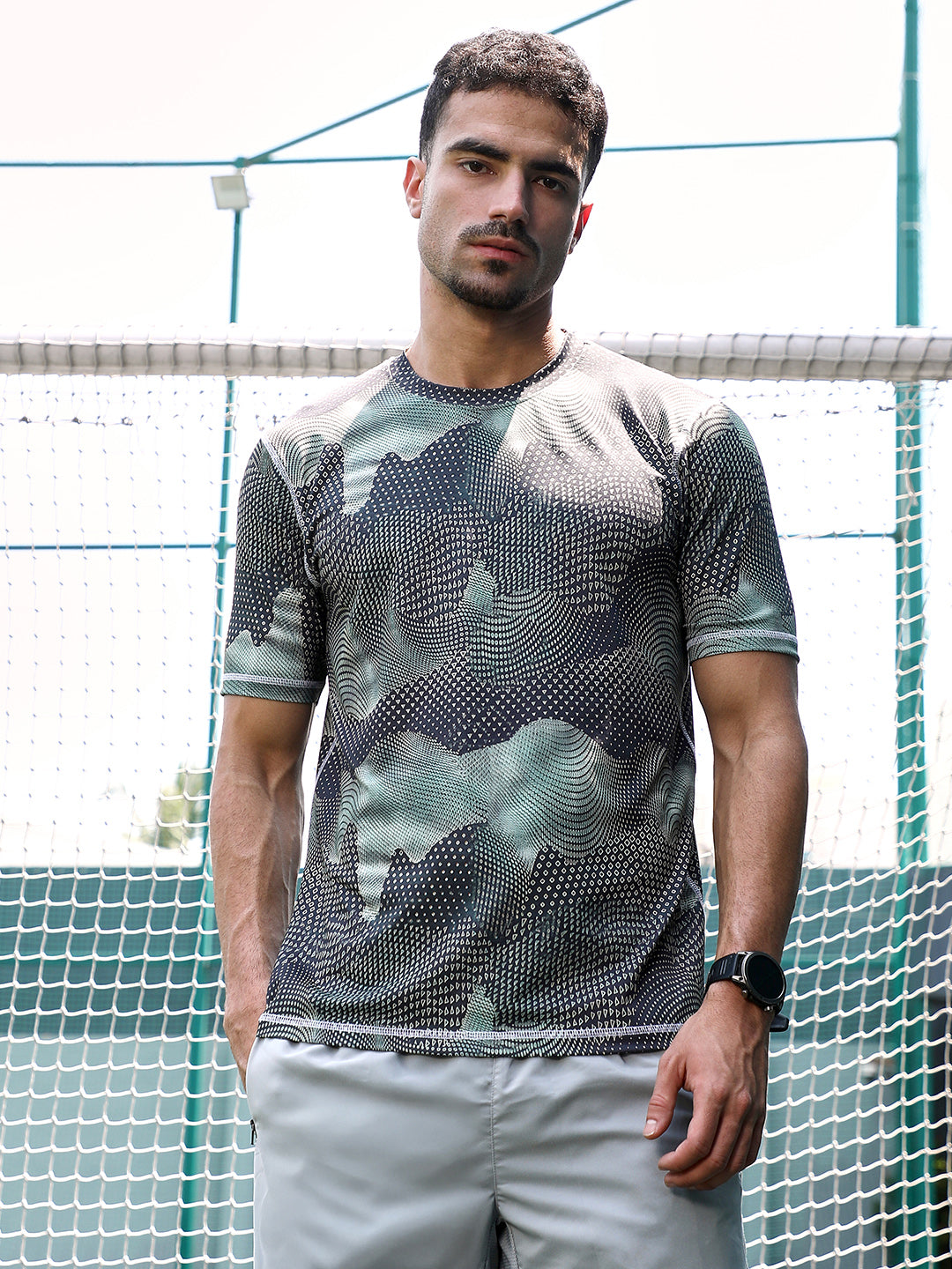 Men Moon Grey Abstract-Motif Activewear T-Shirt