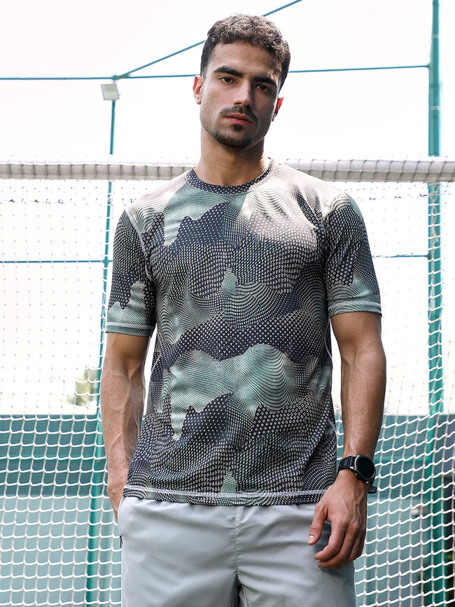 Men Moon Grey Abstract-Motif Activewear T-Shirt