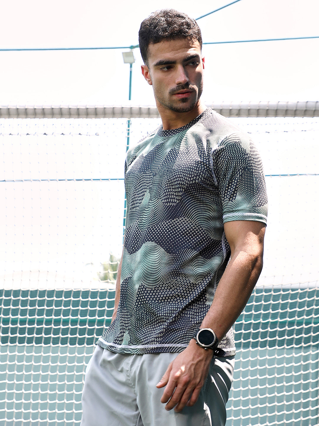 Men Moon Grey Abstract-Motif Activewear T-Shirt