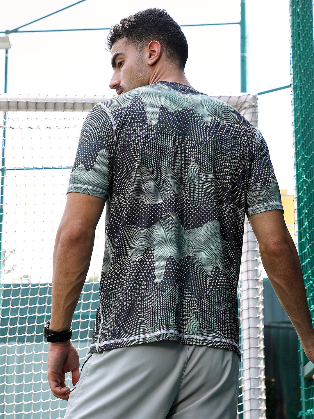 Men Moon Grey Abstract-Motif Activewear T-Shirt