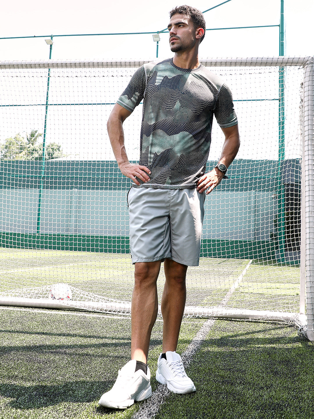 Men Moon Grey Abstract-Motif Activewear T-Shirt