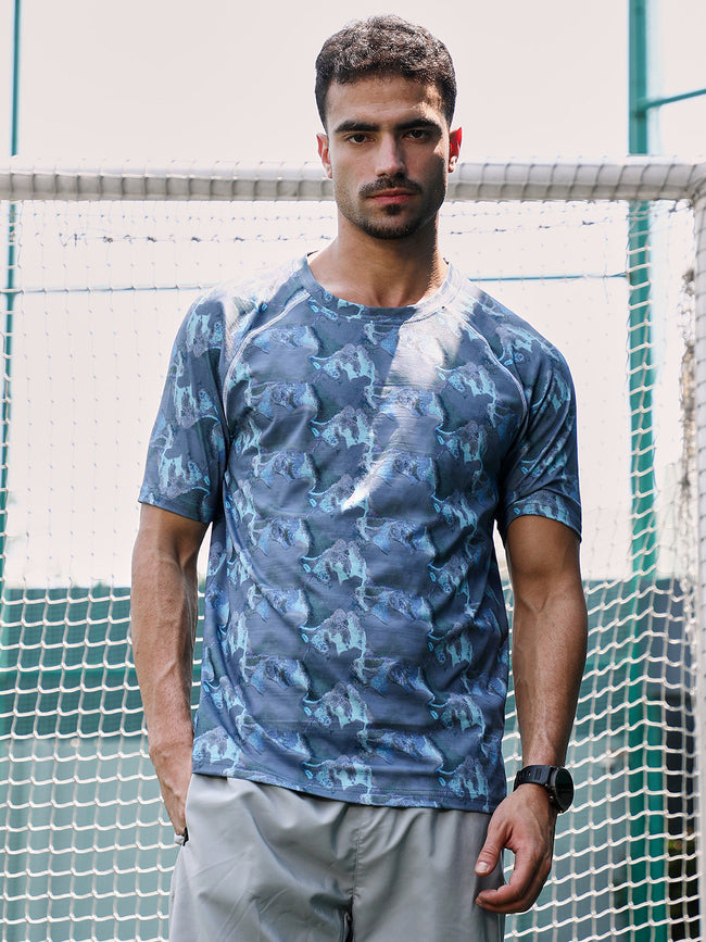 Men Slate Blue Panel-Swirl Activewear T-Shirt