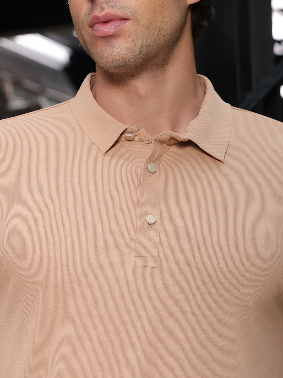 Men Sand Beige Seamless Ribbed Polo T-Shirt