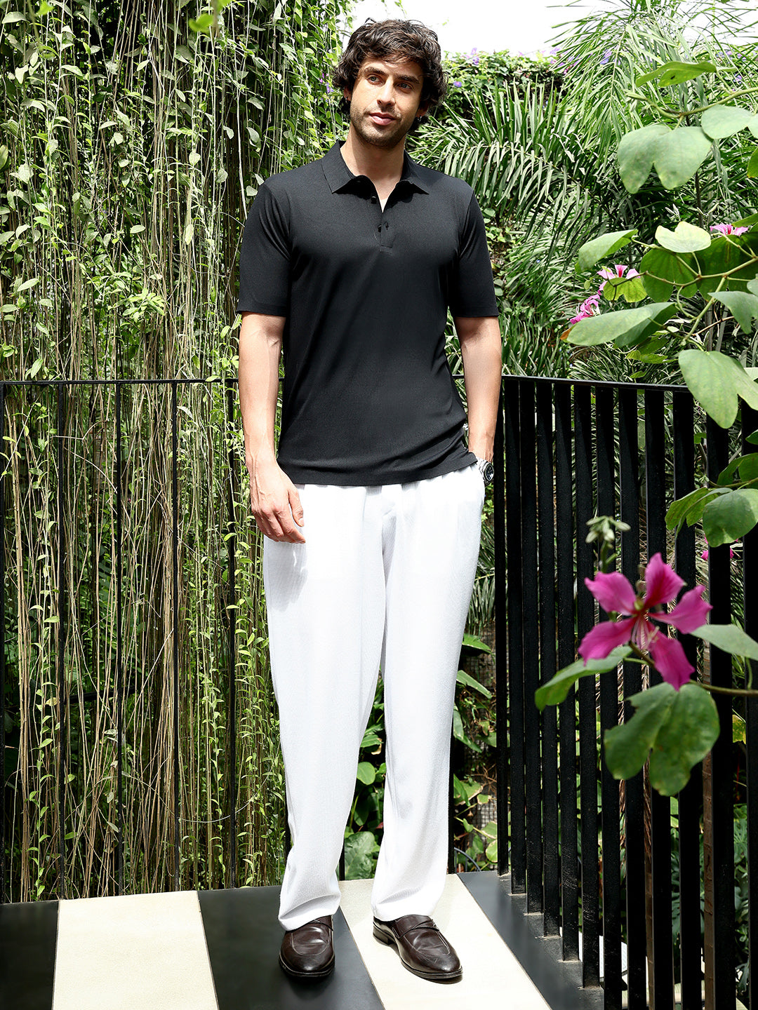 Men Onyx Black Seamless Ribbed Polo T-Shirt