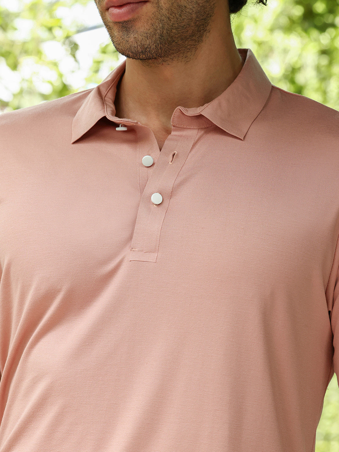 Men Pastel Peach Seamless Ribbed Polo T-Shirt