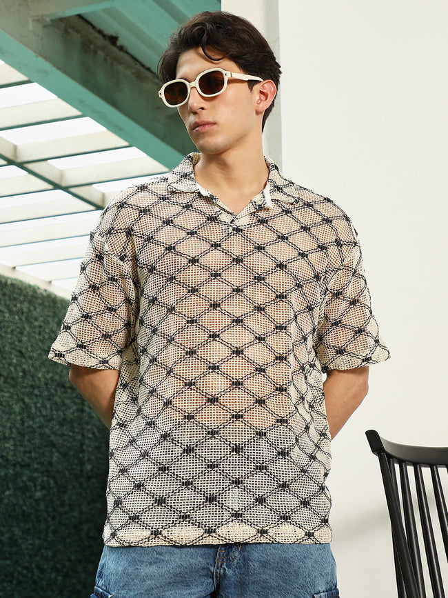 Men Geometric Pattern Polo Collar Cotton T-Shirt