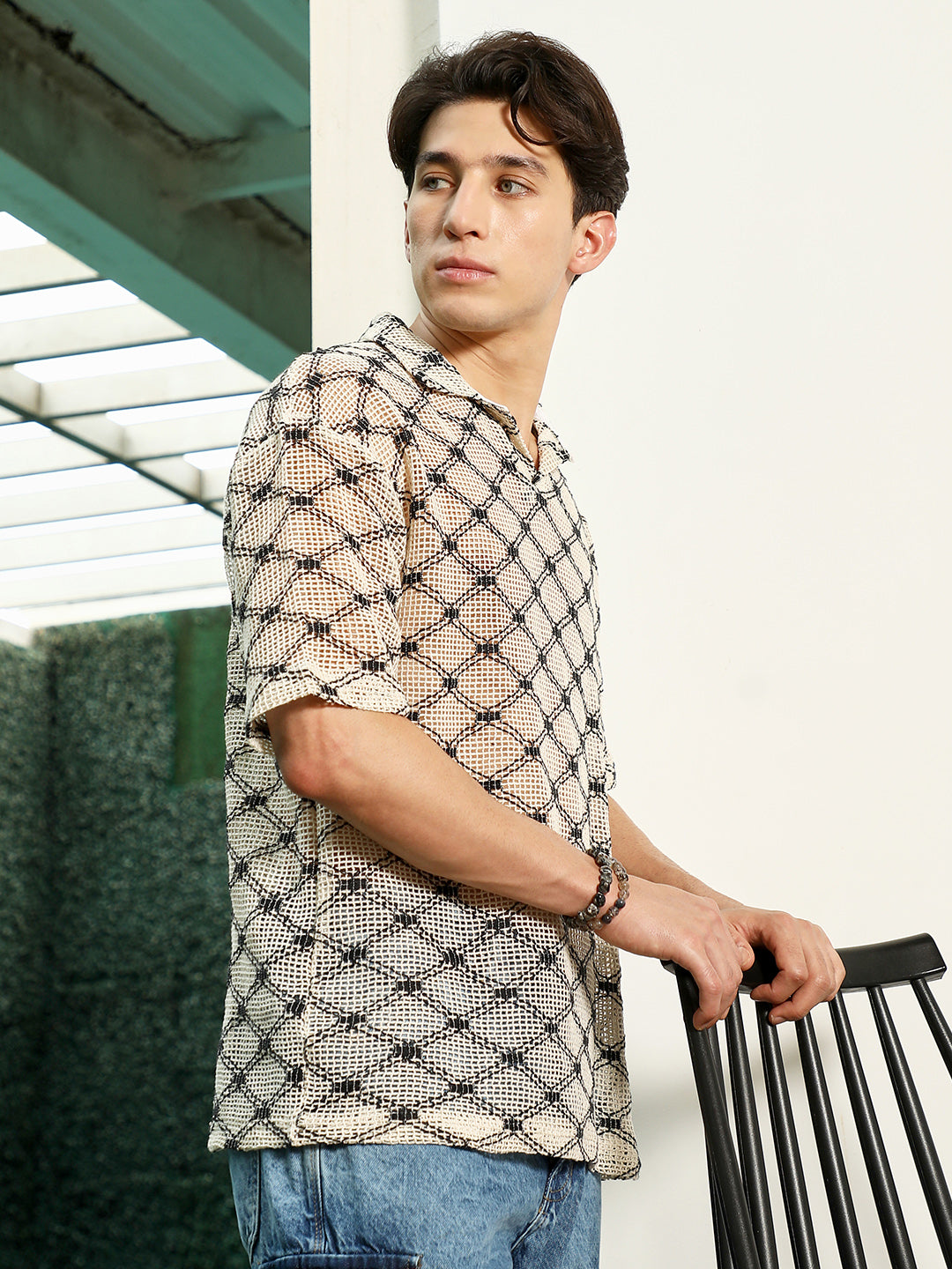 Men Geometric Pattern Polo Collar Cotton T-Shirt