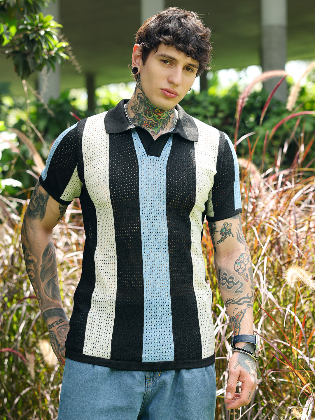 Men Powder Blue:Cream White Panel-Knit Polo T-Shirt