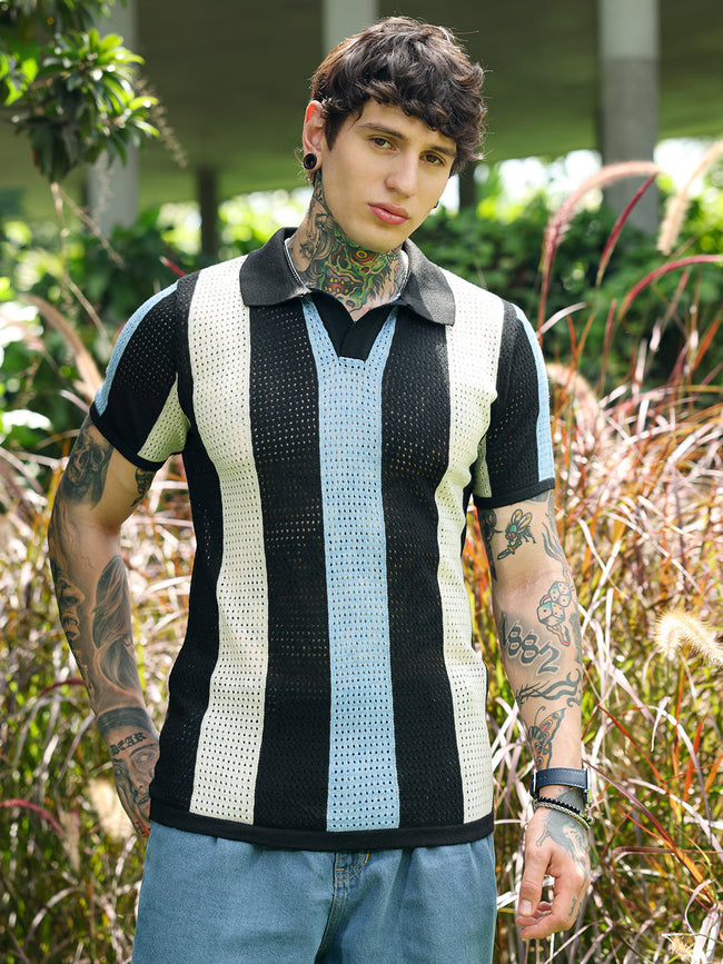 Men Powder Blue:Cream White Panel-Knit Polo T-Shirt