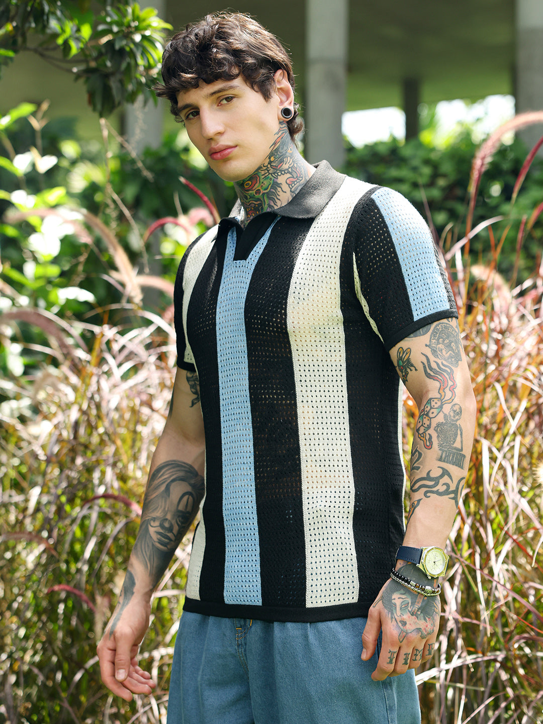 Men Powder Blue:Cream White Panel-Knit Polo T-Shirt