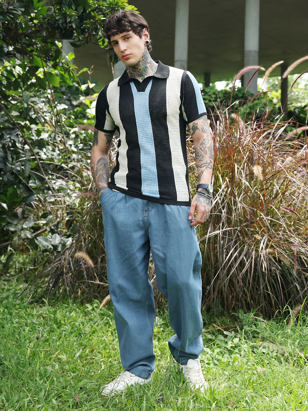 Men Powder Blue:Cream White Panel-Knit Polo T-Shirt