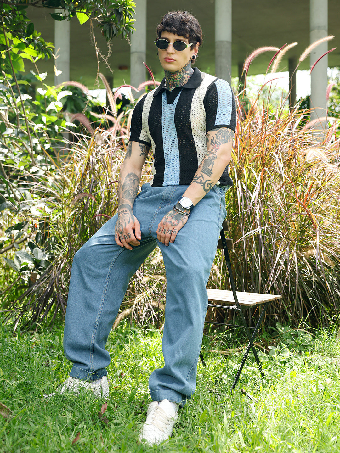 Men Powder Blue:Cream White Panel-Knit Polo T-Shirt