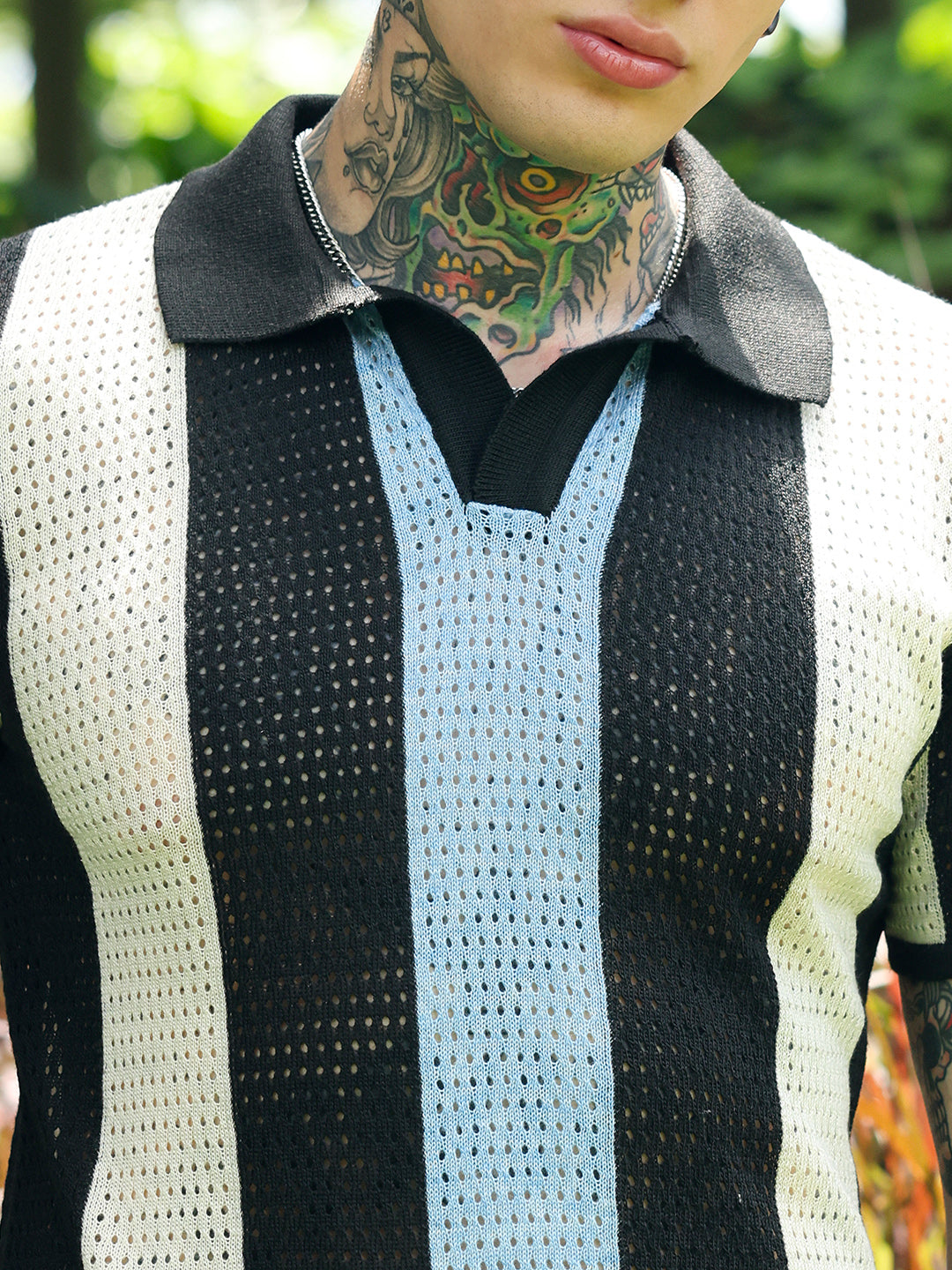 Men Powder Blue:Cream White Panel-Knit Polo T-Shirt
