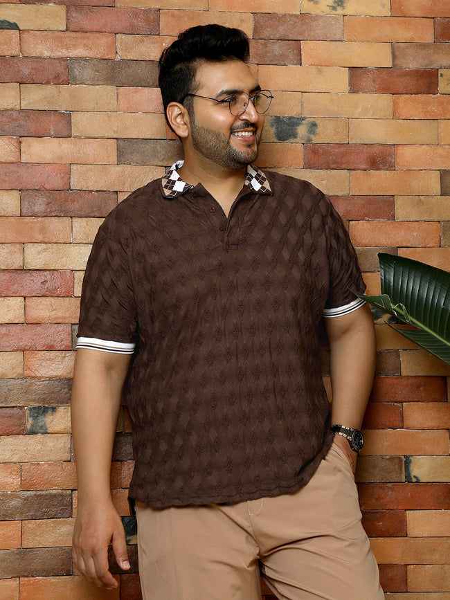 Men Chocolate Brown Block Argyle-Knit Polo T-Shirt