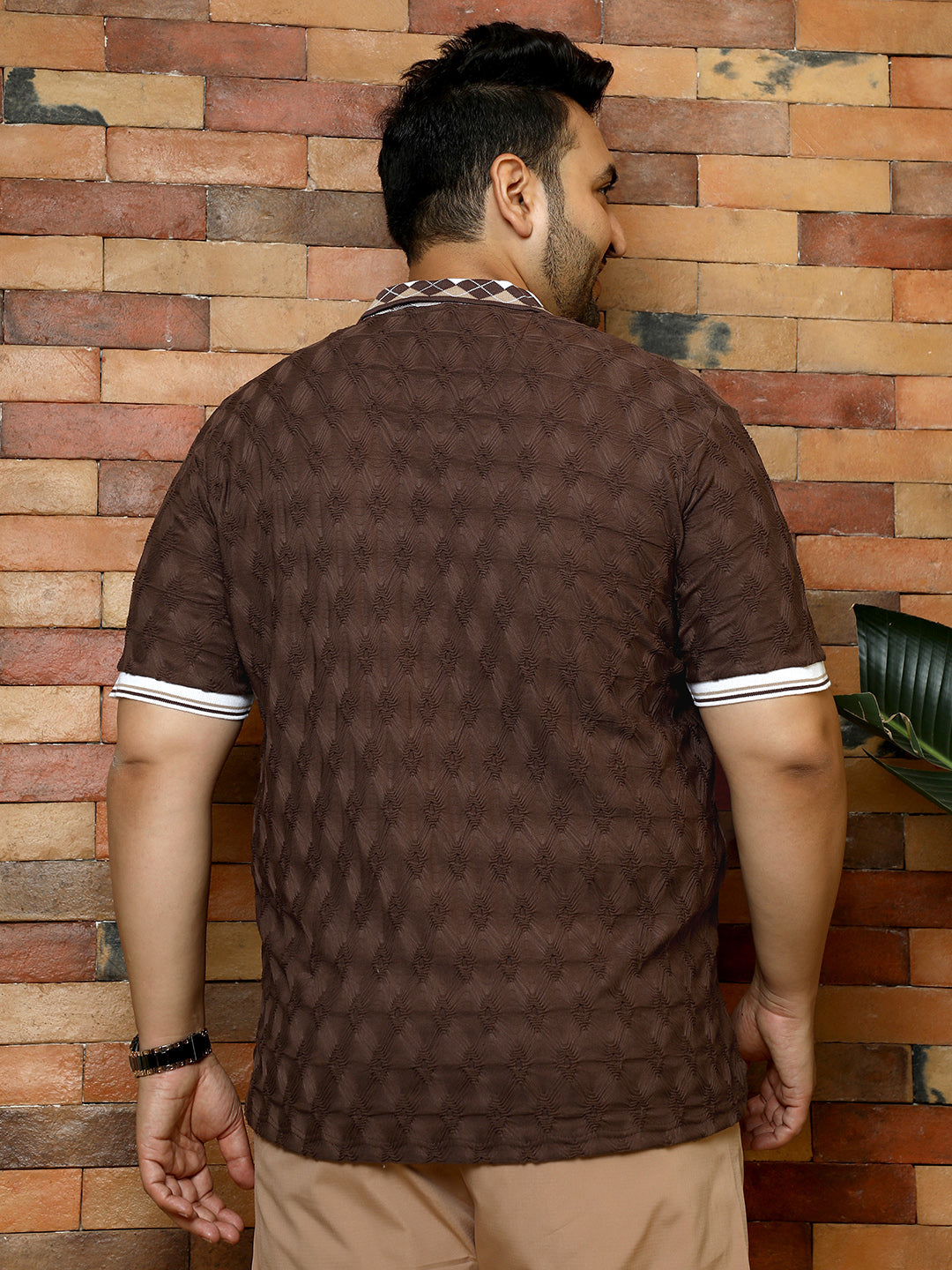 Men Chocolate Brown Block Argyle-Knit Polo T-Shirt