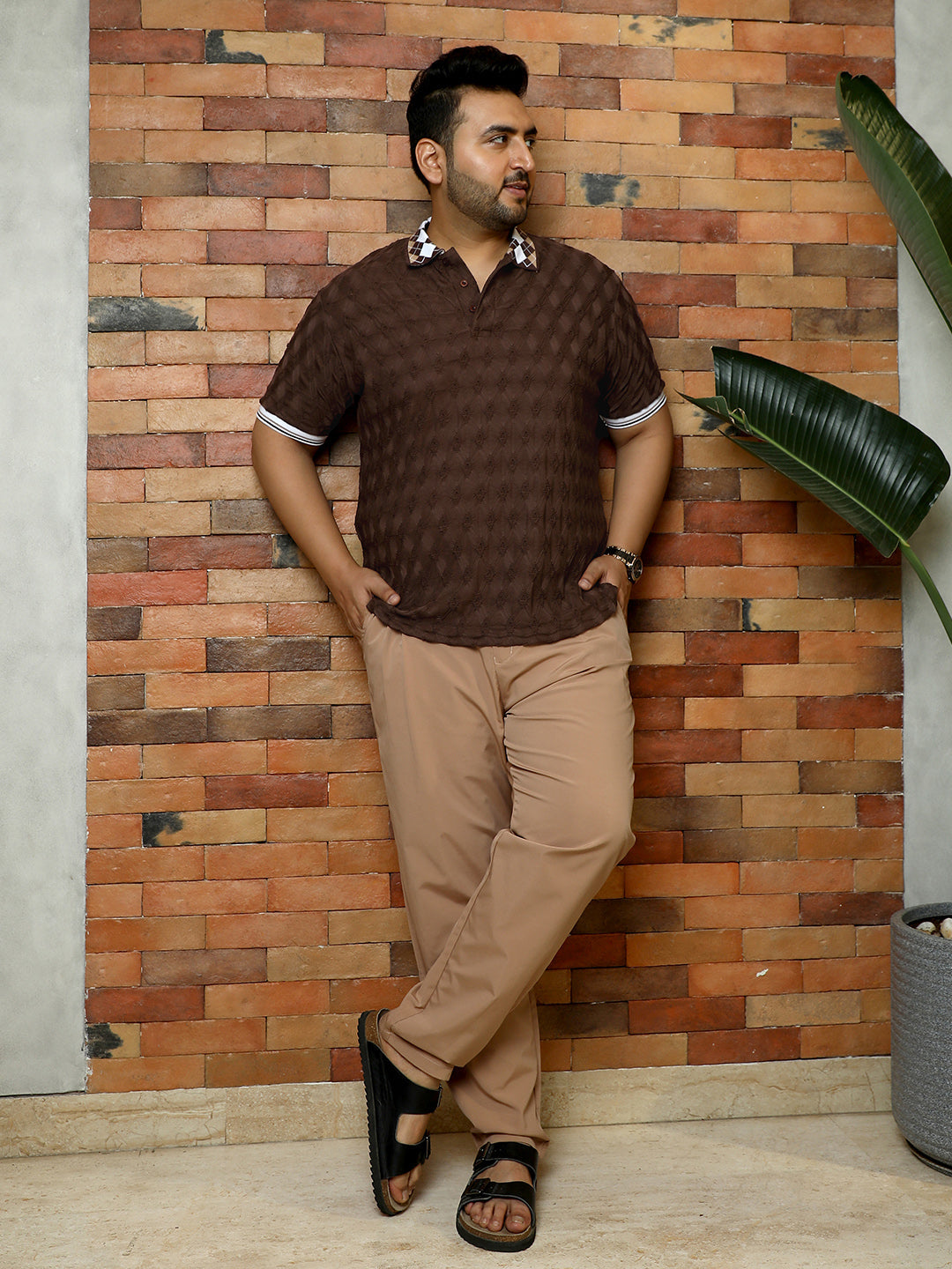 Men Chocolate Brown Block Argyle-Knit Polo T-Shirt