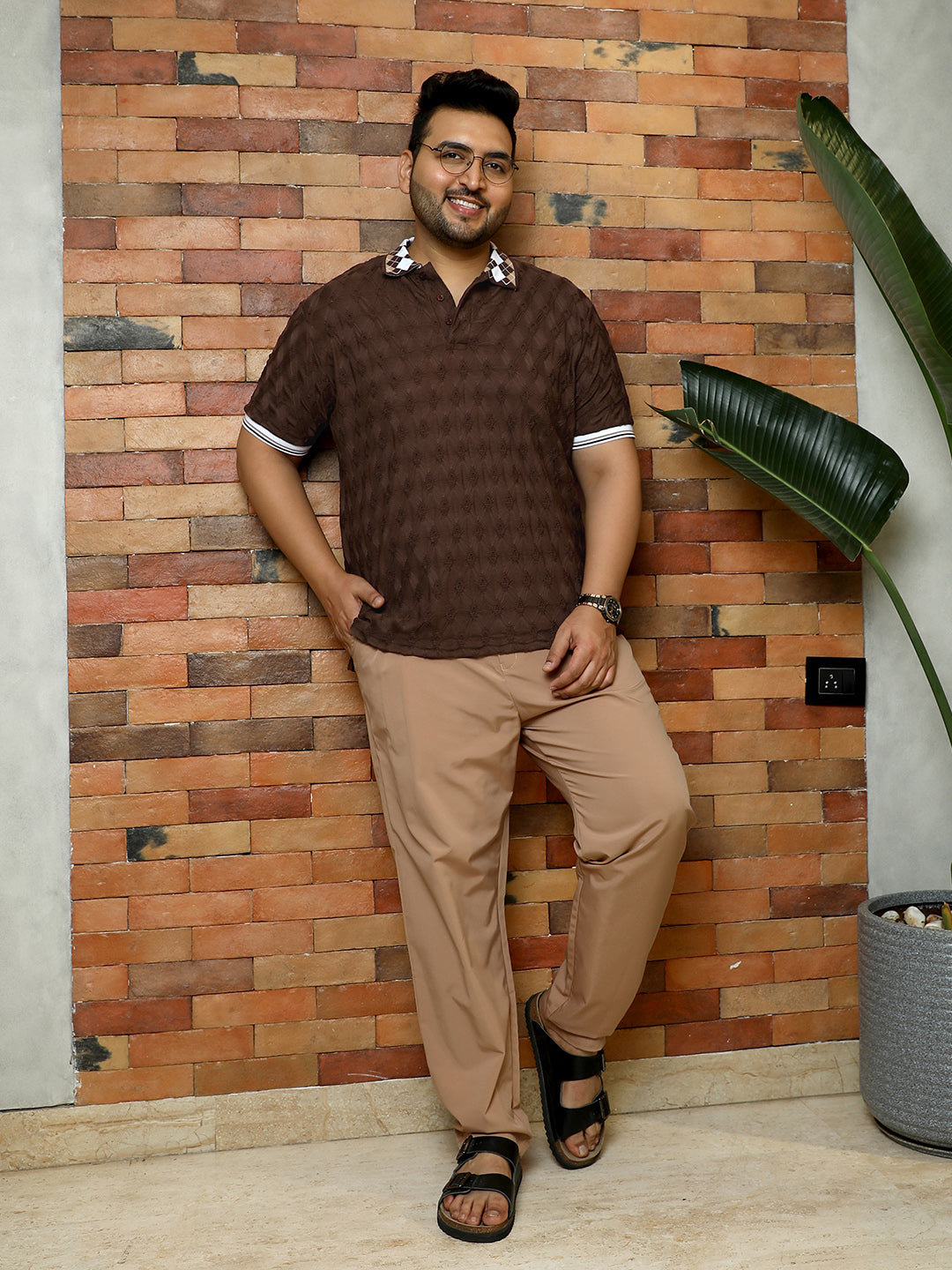 Men Chocolate Brown Block Argyle-Knit Polo T-Shirt