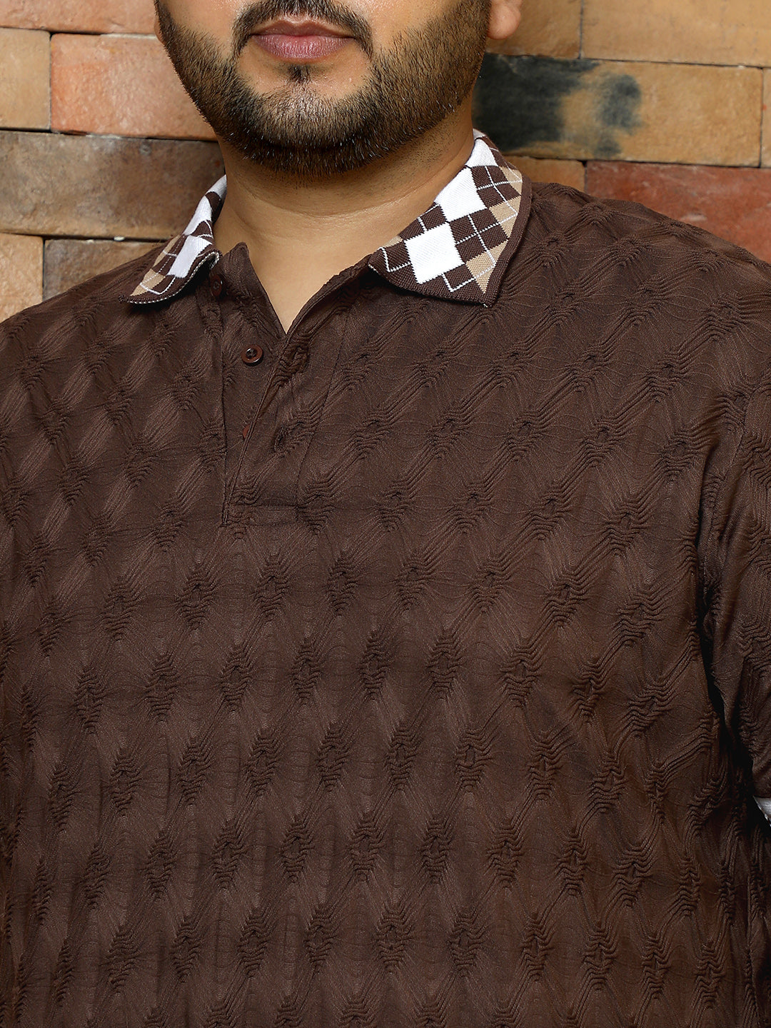 Men Chocolate Brown Block Argyle-Knit Polo T-Shirt