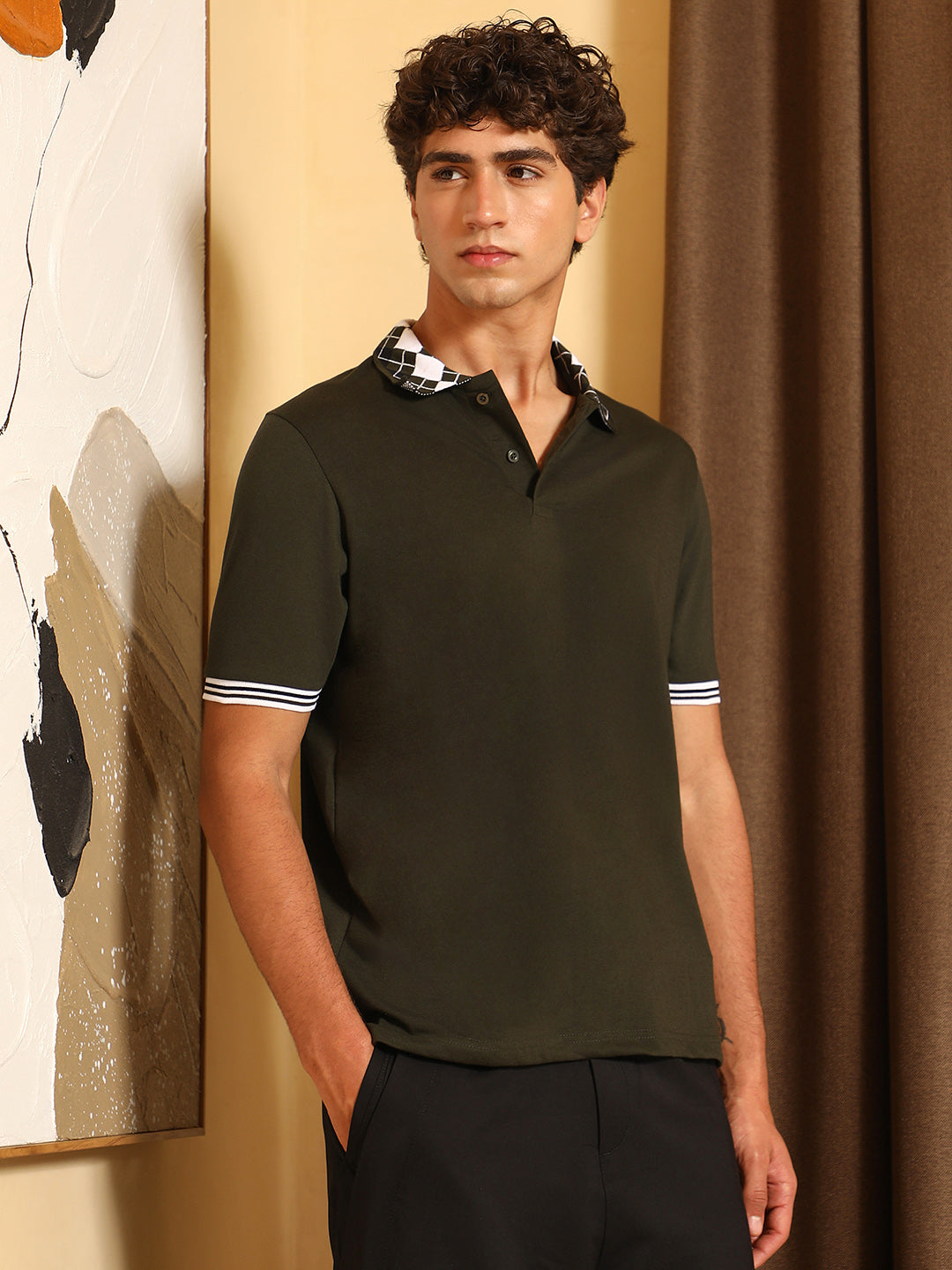 Men Sacramento Green Block Argyle-Knit Polo T-Shirt