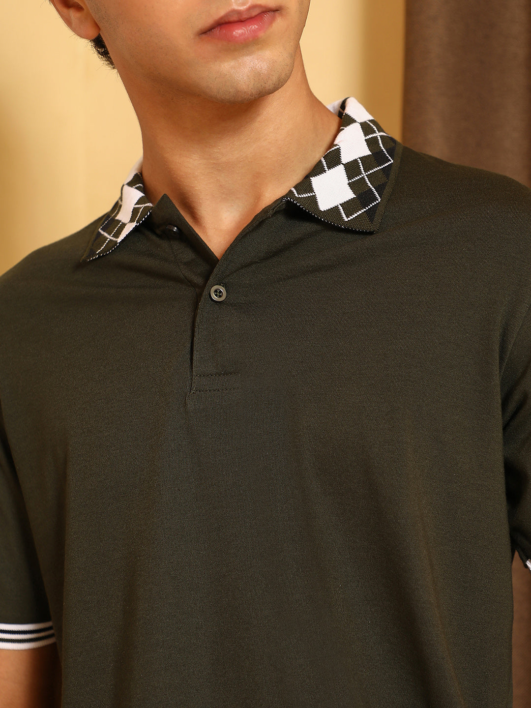 Men Sacramento Green Block Argyle-Knit Polo T-Shirt