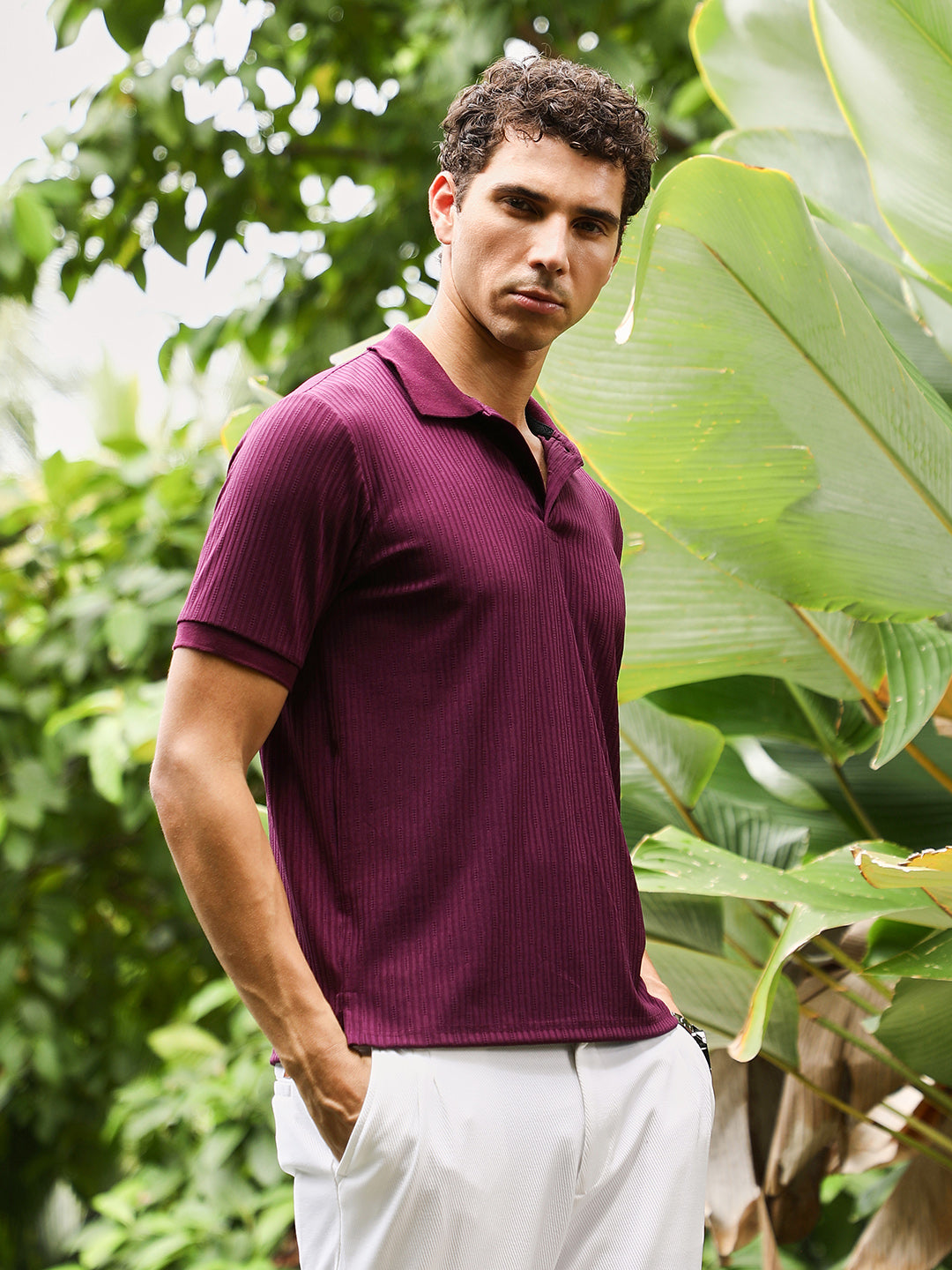 Men Magenta Purple Vined-Jacquard Knit Polo T-Shirt
