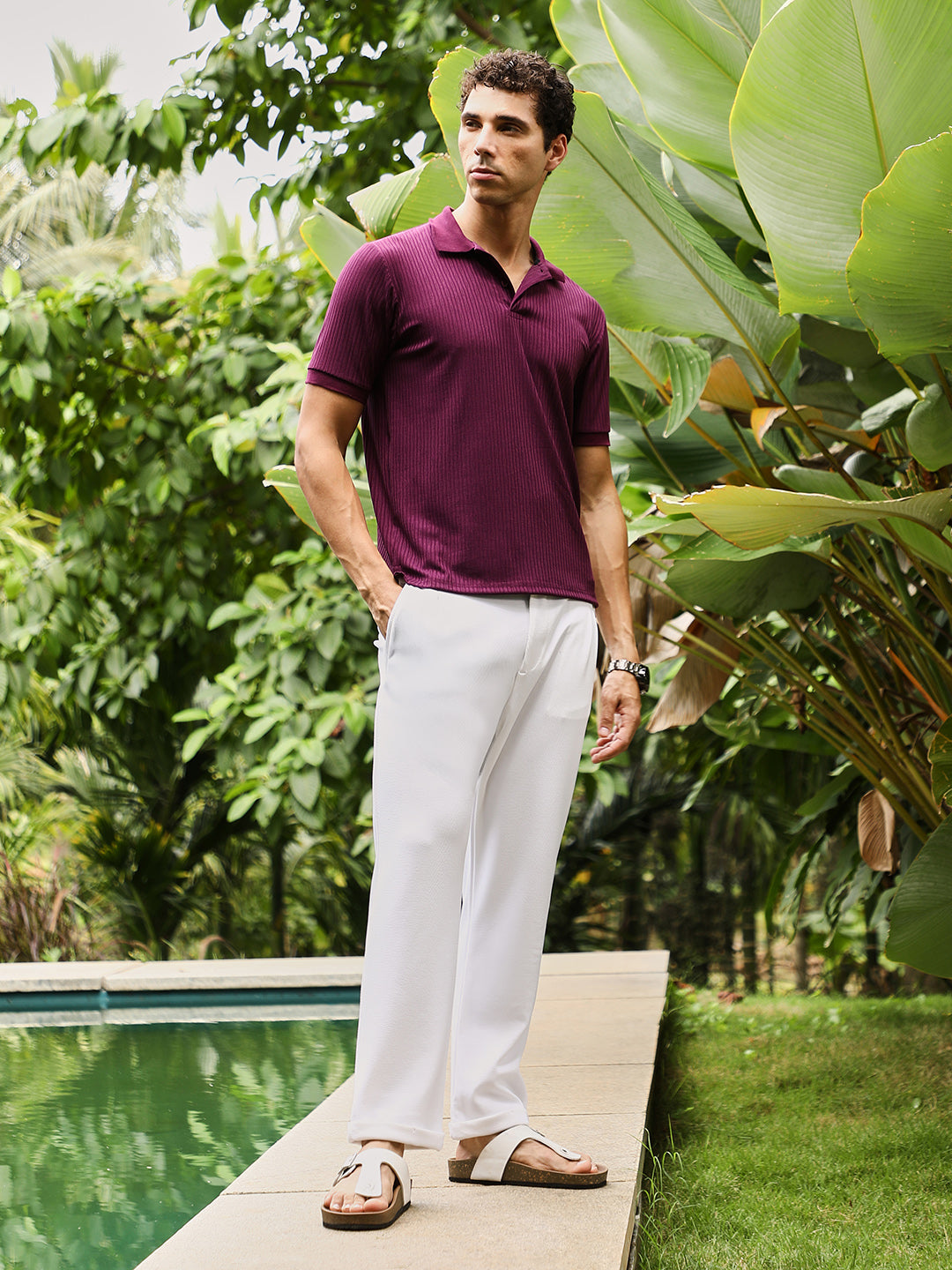 Men Magenta Purple Vined-Jacquard Knit Polo T-Shirt