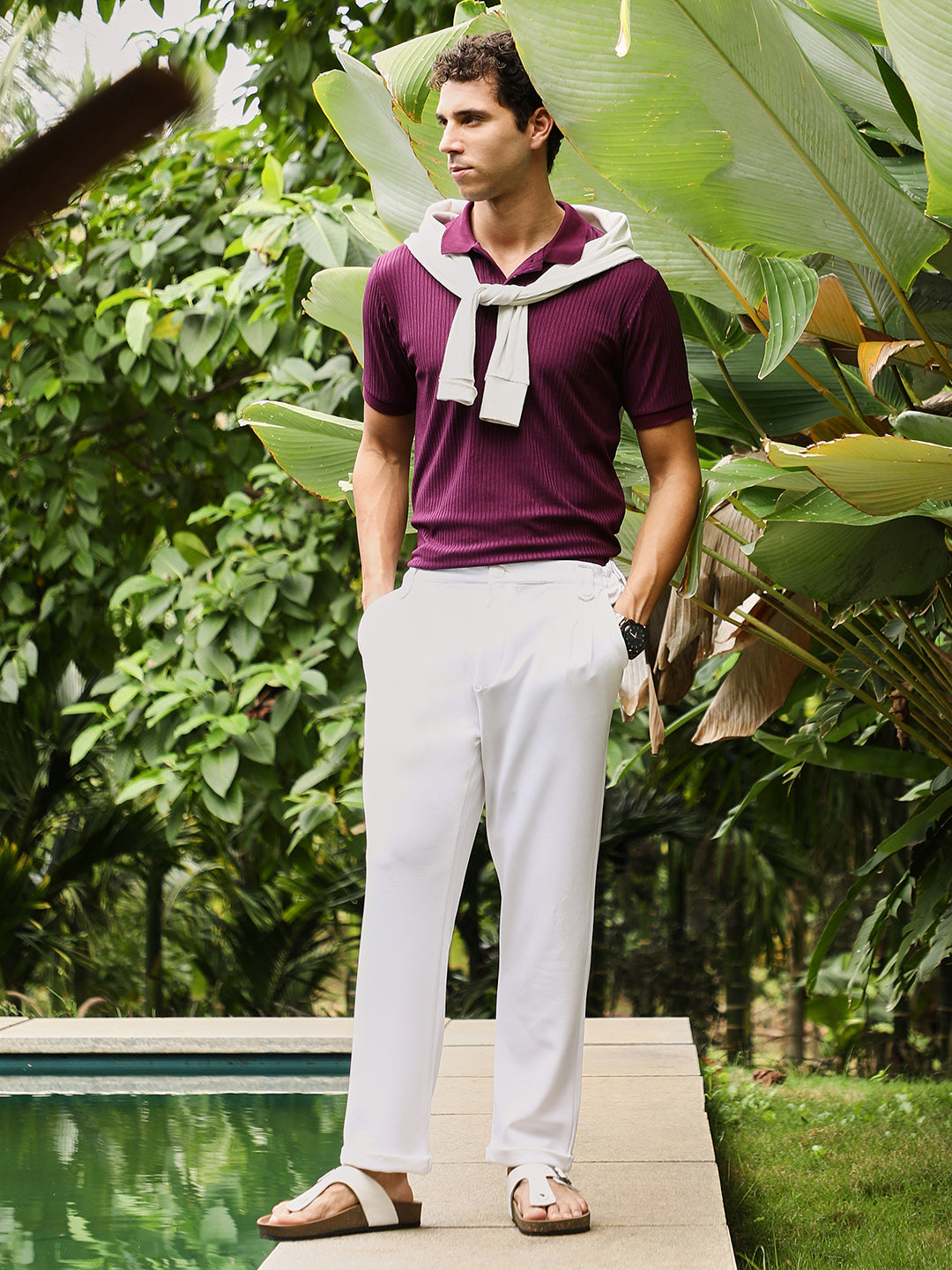 Men Magenta Purple Vined-Jacquard Knit Polo T-Shirt