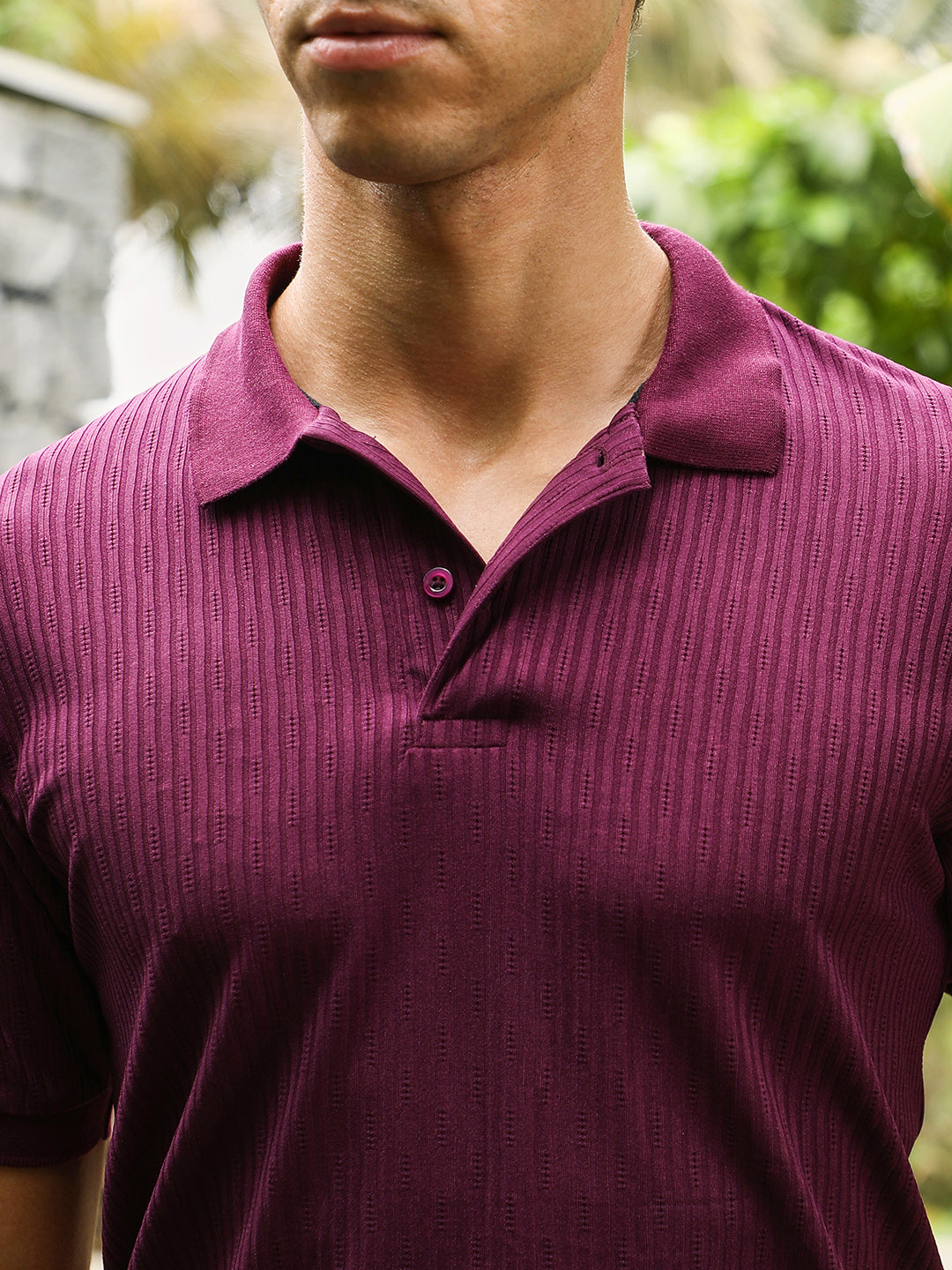Men Magenta Purple Vined-Jacquard Knit Polo T-Shirt