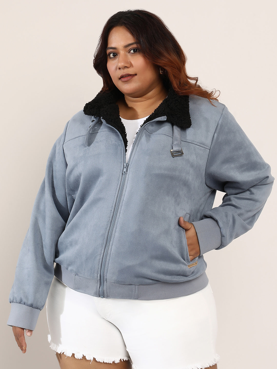 Women Suede Regular-Fit Color Block Jacket