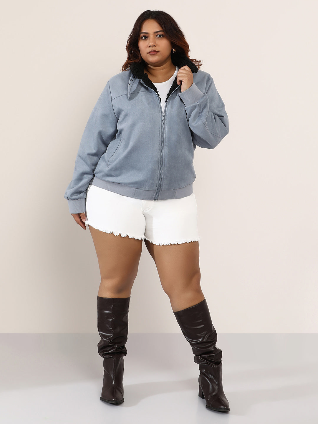 Women Suede Regular-Fit Color Block Jacket