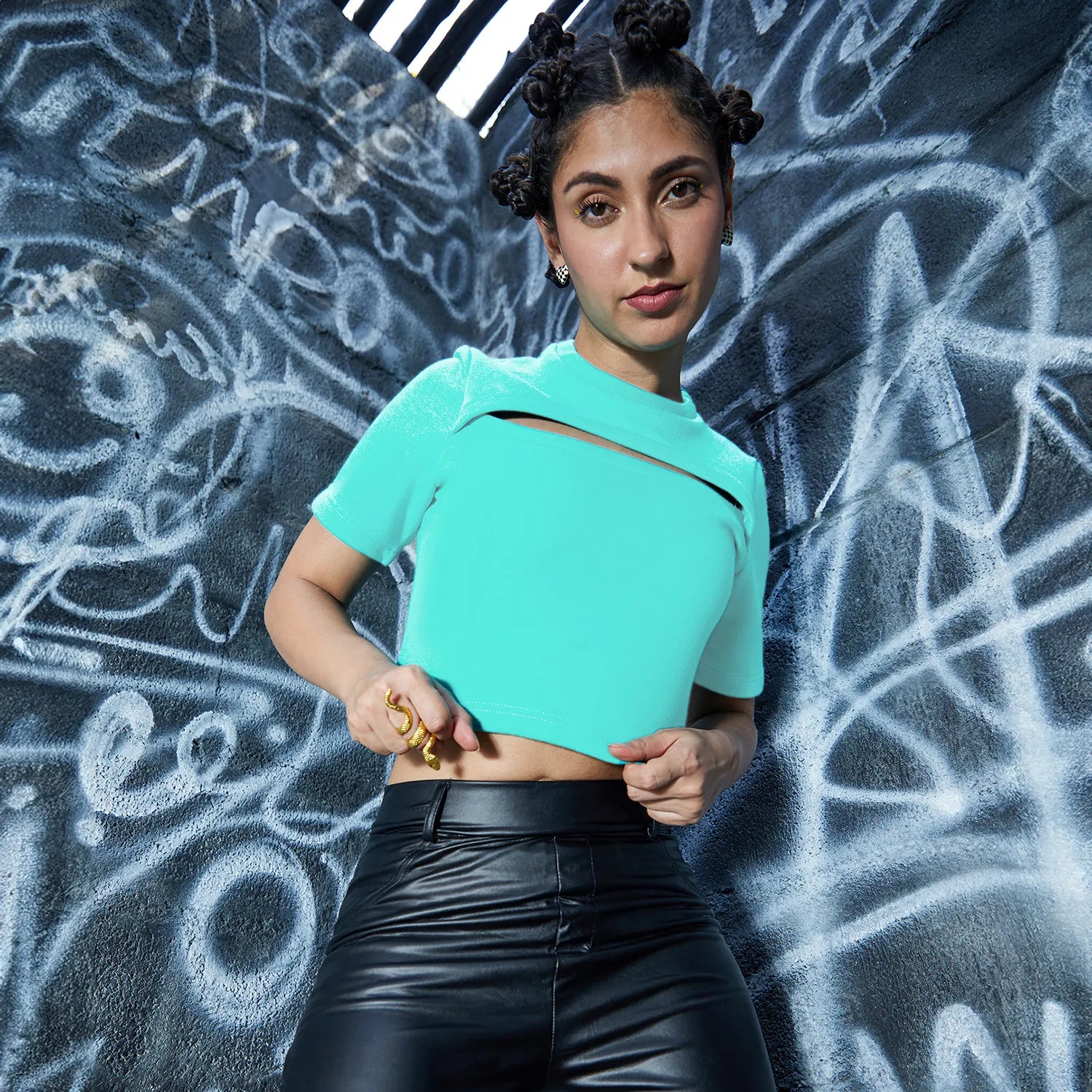 Women Blue Peek-A-Boo Top