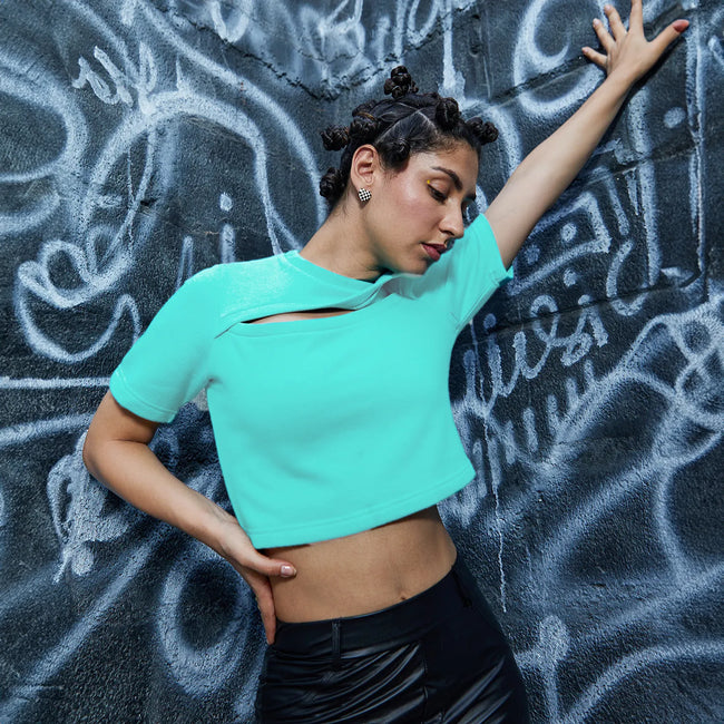 Women Blue Peek-A-Boo Top