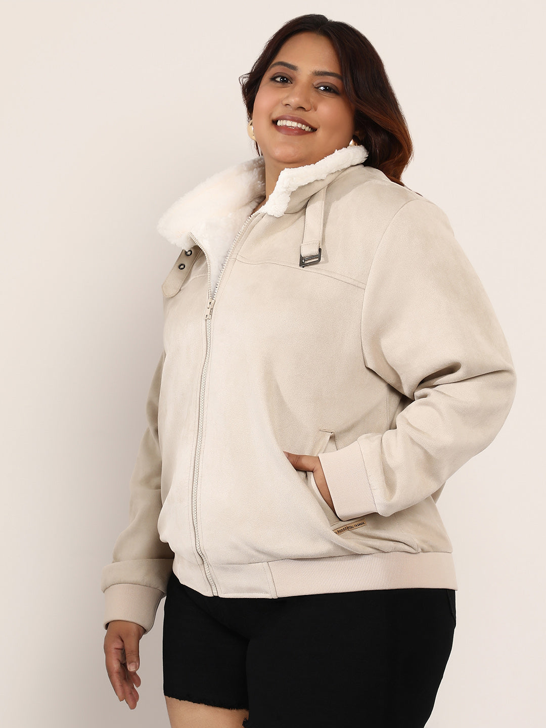 Women Suede Regular-Fit Color Block Jacket
