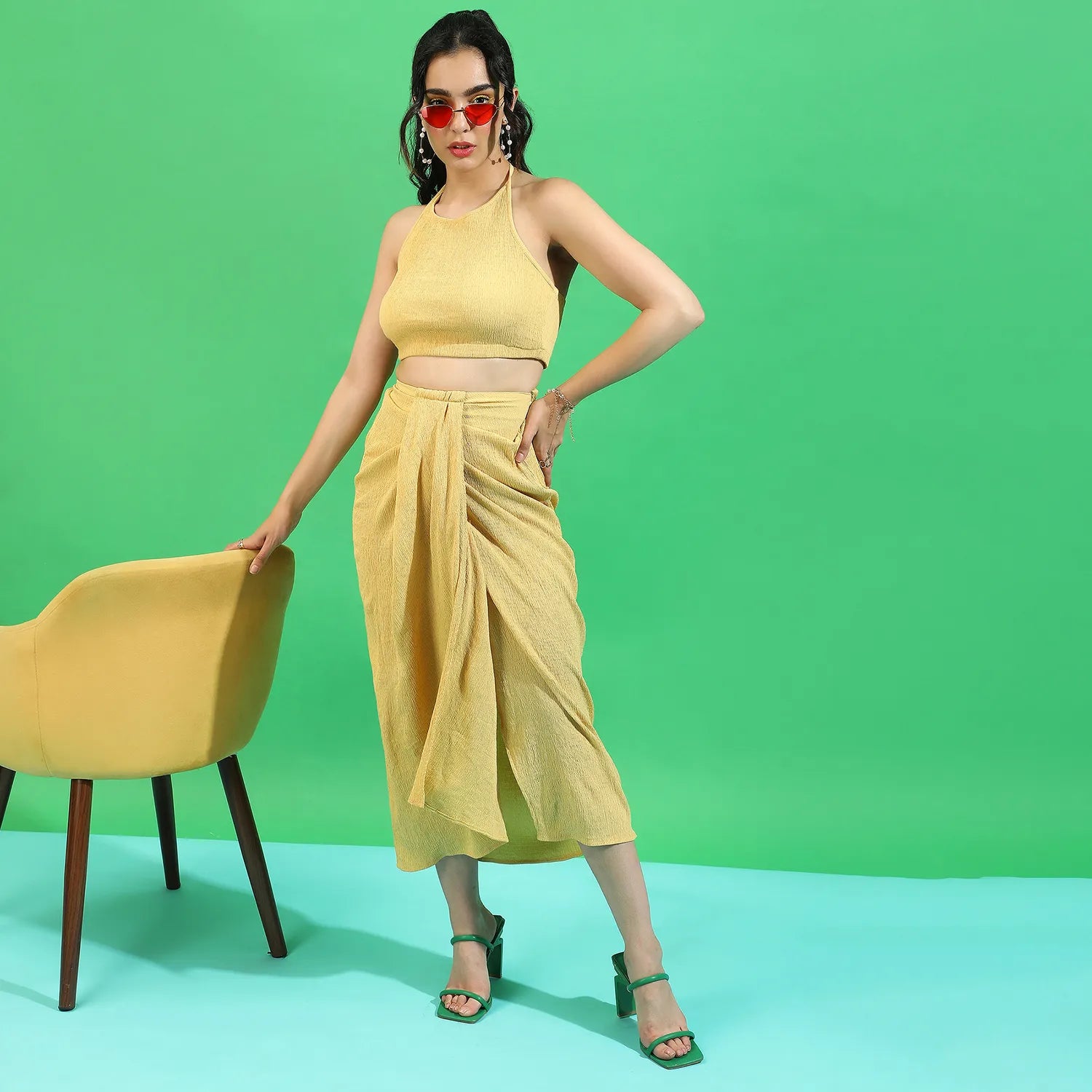 Women Yellow Draped Co-Ord Set