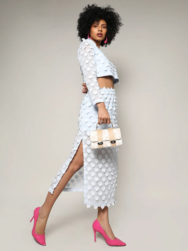 Women Blue Sheer Applique Co-Ord Set With Slit