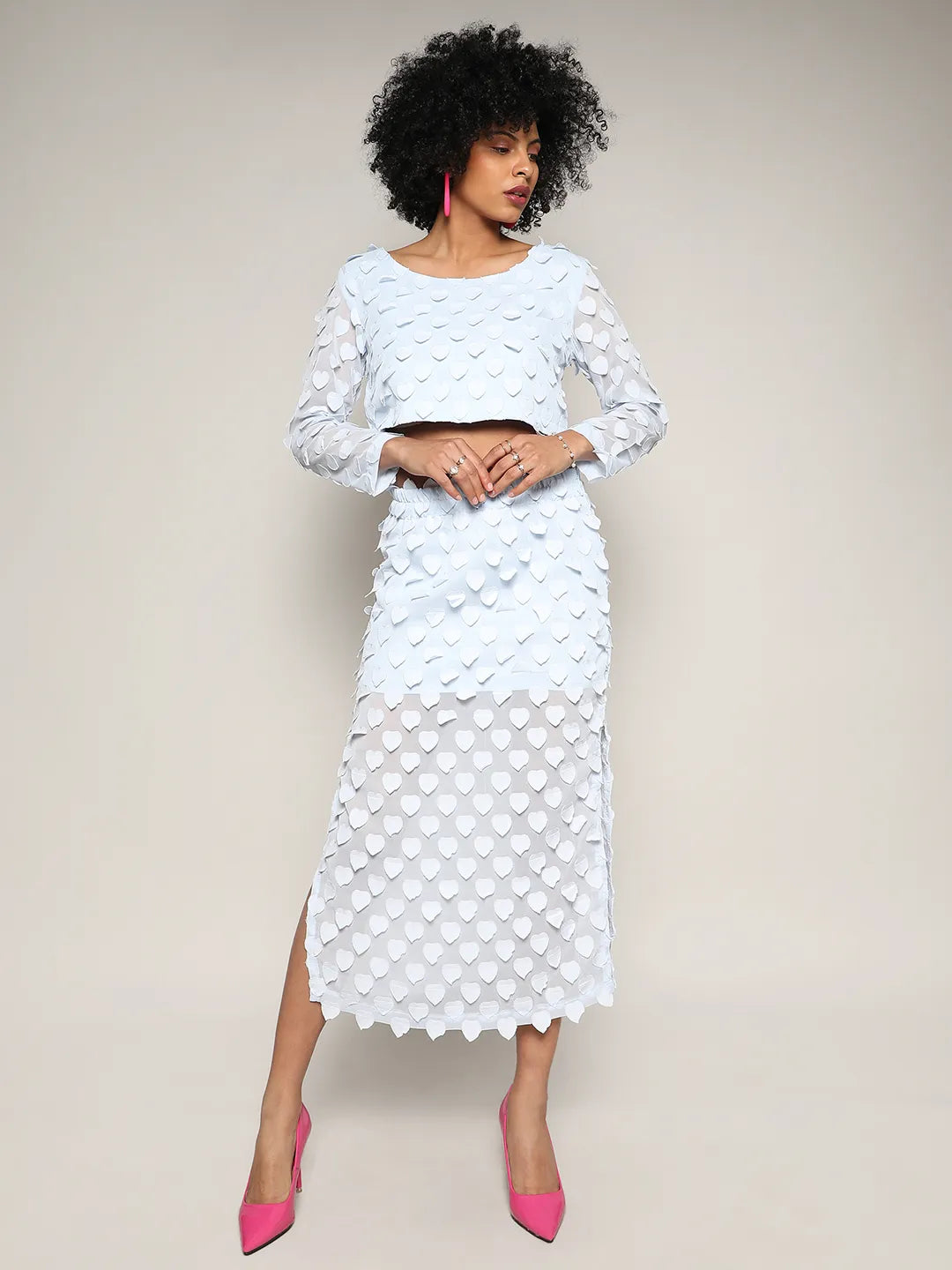 Women Blue Sheer Applique Co-Ord Set With Slit