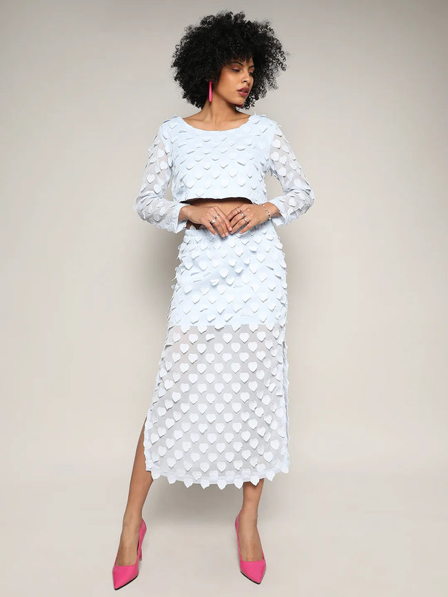 Women Blue Sheer Applique Co-Ord Set With Slit